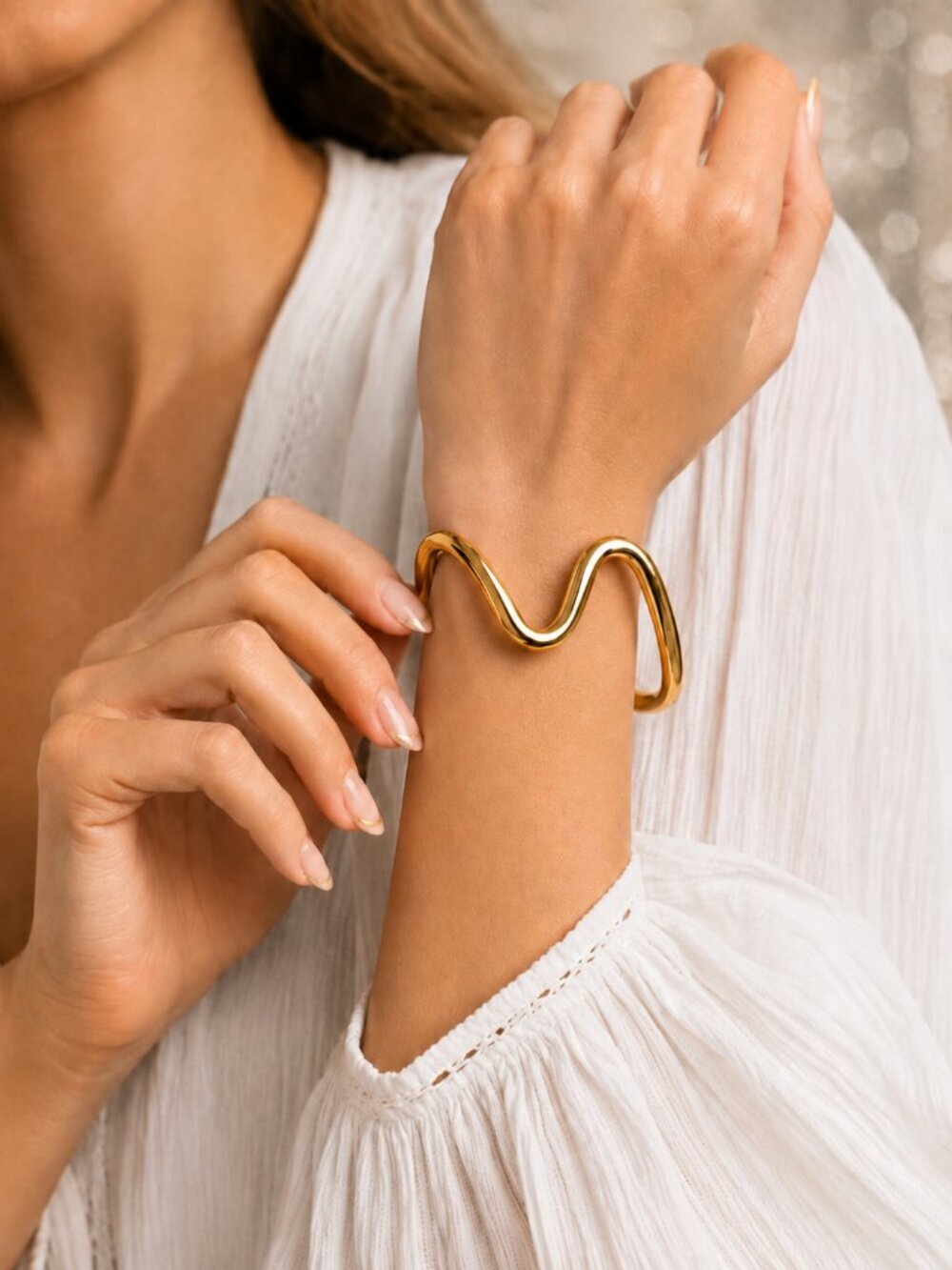 18K Gold Plated Wavy Squiggle Cuff Bracelet Wearable Art Open Bangle Adj 2.6" - Picture 6 of 12